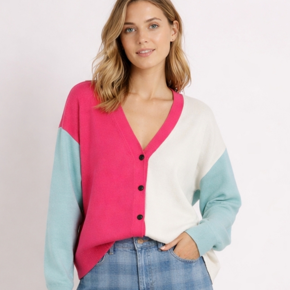 Elan Color Block V-Neck Long Sleeve Cardigan M Retro